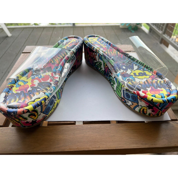 Colorful Street Art Graffiti Sandals Clear Straps ,Chunky Platform Heel Size 10 - Picture 2 of 10